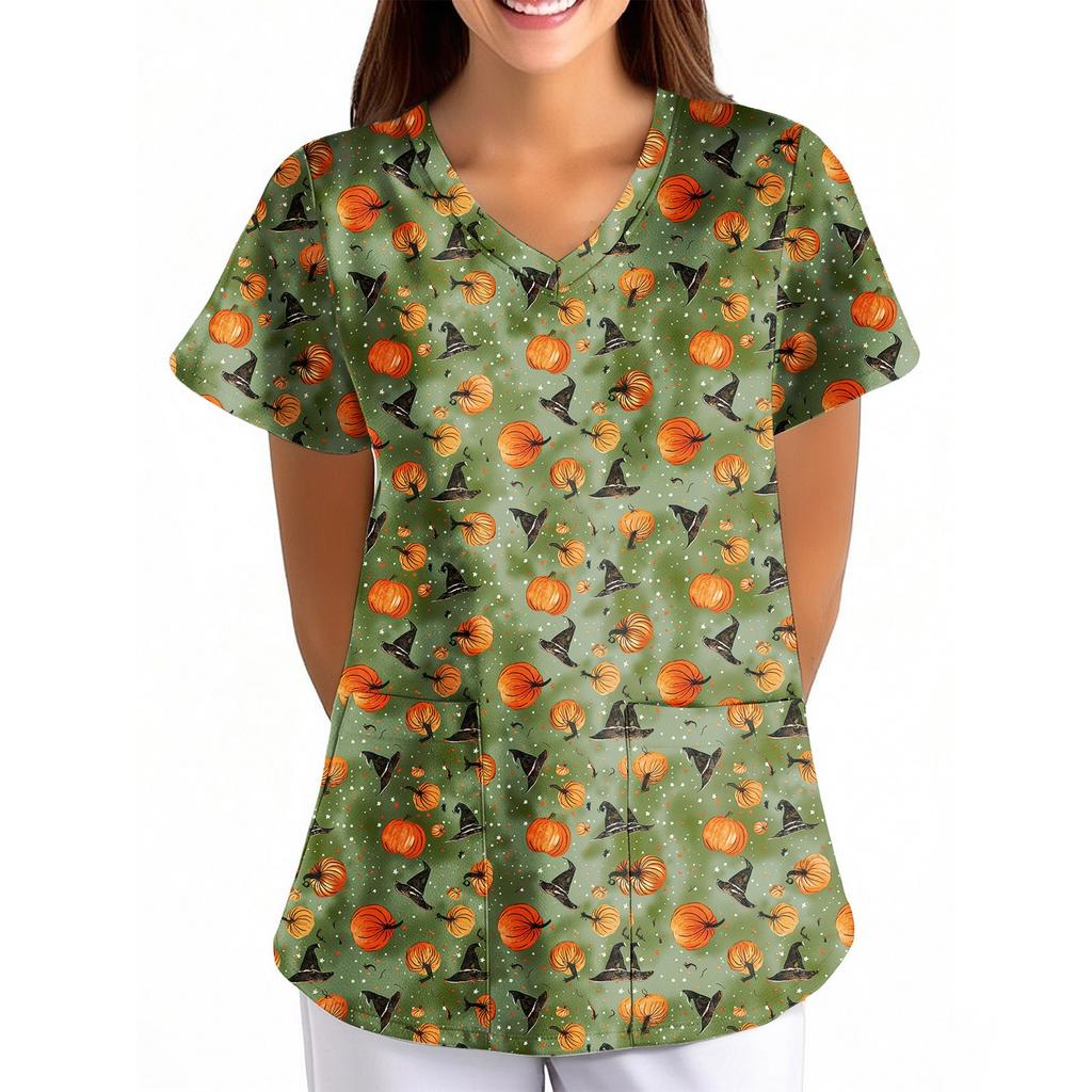 Women's Halloween Printed Loose V-Neck Pocket Short SleevUniform Uniform