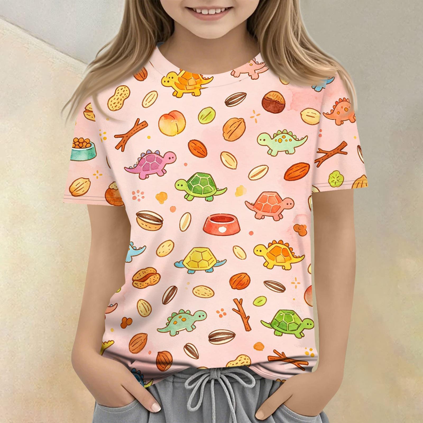 

Kids Animal Print Short Sleeve T Shirt Casual Loose Fit Crew Neck Top Lightweight Comfortable Fabric Suitable for Everyday Wear 120 розовый