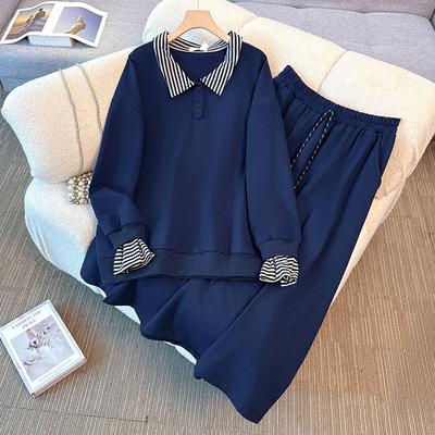 Plus-size Women's Autumn and Winter New School Style Striped Patchwork Hoodie A-line Skirt Set