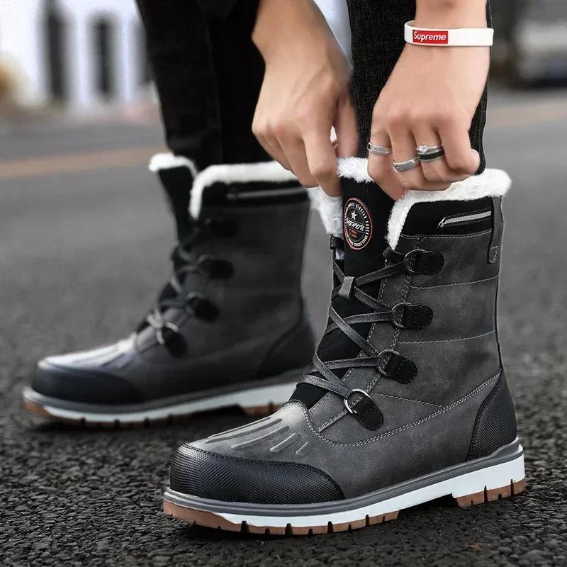 Mode Herren Winterstiefel Warme Fell High-Top Schneestiefel Herren Wasserdichte Leder Plateau Stiefel Outdoor Rutschfeste Herren Winterschuhe