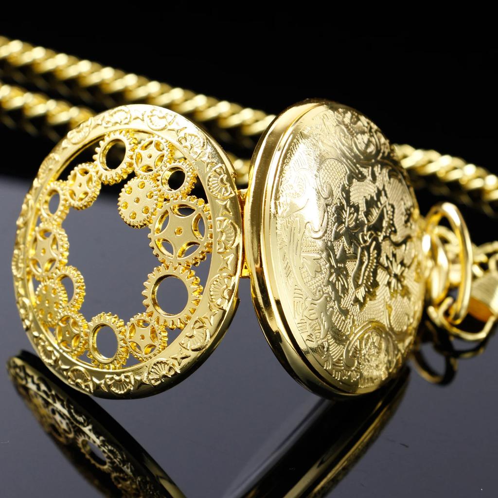 Luxury Gold Time Gear Embossed Necklace Quartz Pocket Watch Steam Punk Old Fashion Necklace Timing Pendant Watch Gift