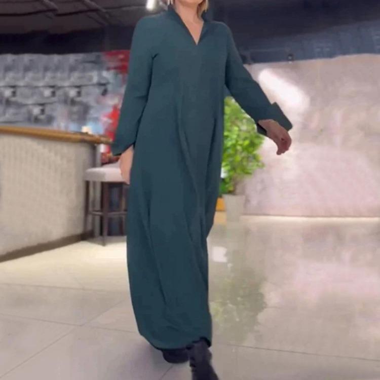 2026 Fashion Women Elegant Maxi Dress Casual Long Sleeve Solid Color Loose Hem Pullover Robe Female Autumn Winter Dress S