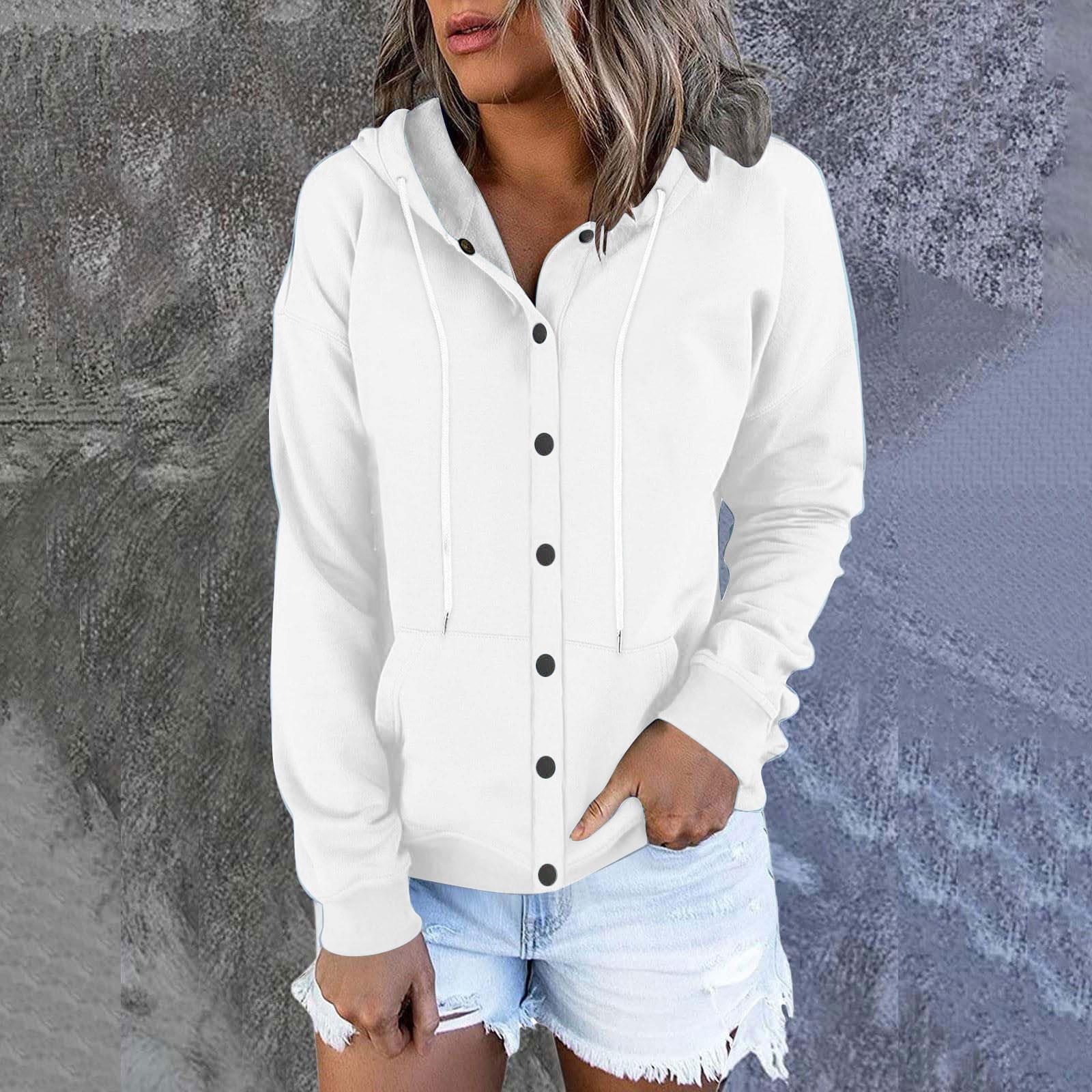 

Женская мода повседневная однотонная толстовка с капюшоном на пуговицах с длинным рукавом, куртка на шнурке, пальто M белый