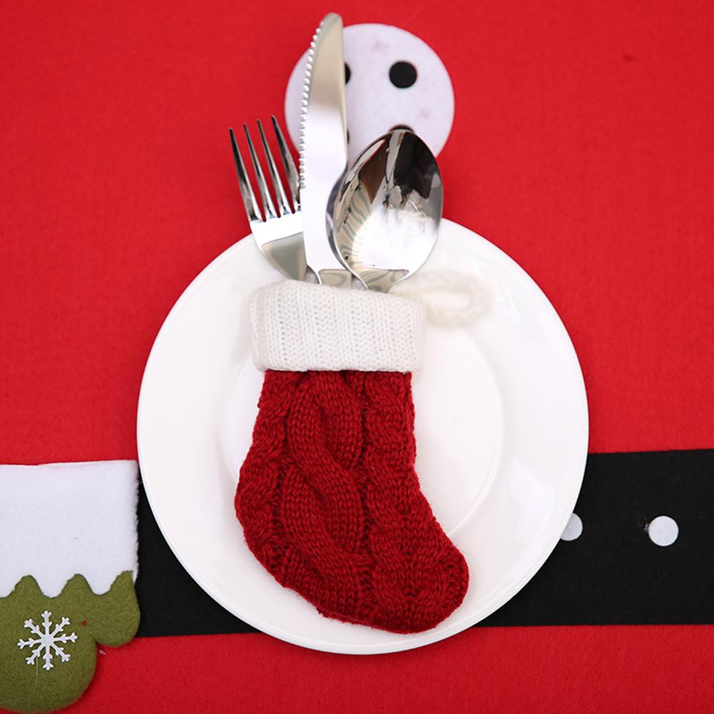 6Pcs Christmas Cutlery Socks Silverware Holder Adorable Knitting Stockings Decorative Santa Cutlery Bag for Xmas Tree Fireplace