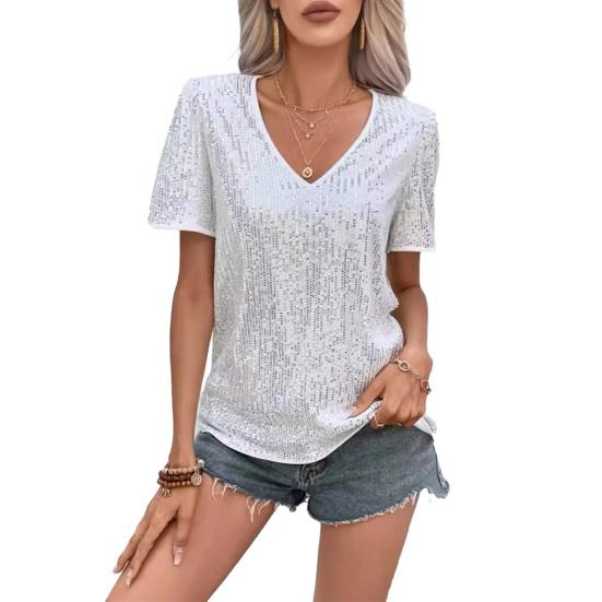 Women T-shirt V-Neck Short Sleeve Shiny Sequins Tee Shirt Loose Fit Summer Sexy Tops Holidays Parties Wear