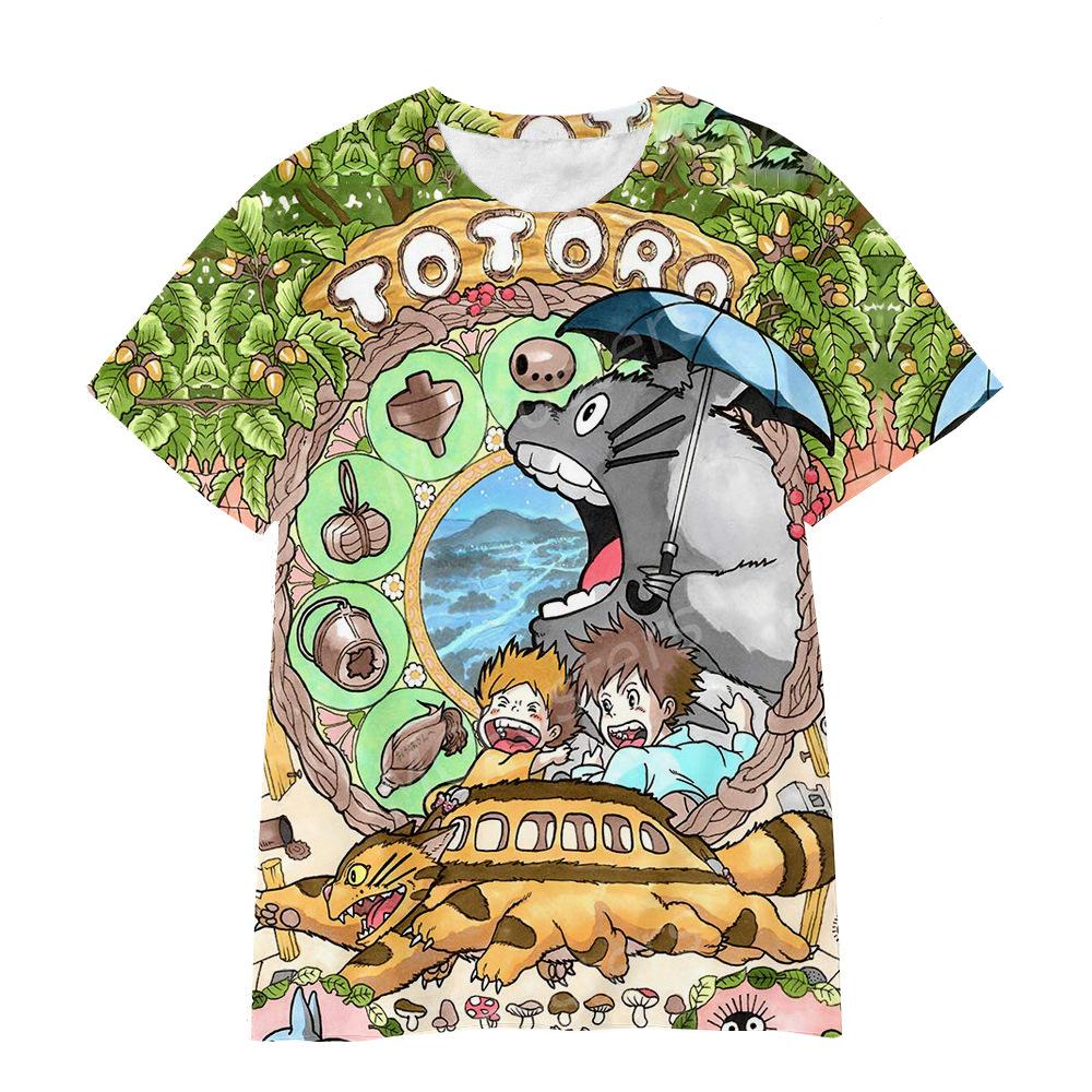 3D Hayao Miyazaki Cartoon Totoro Pattern Printed Casual Short Sleeved Children's Boy T-shirts - Soft Medium Stretch Fabric Summer Relaxed Fit Clothing