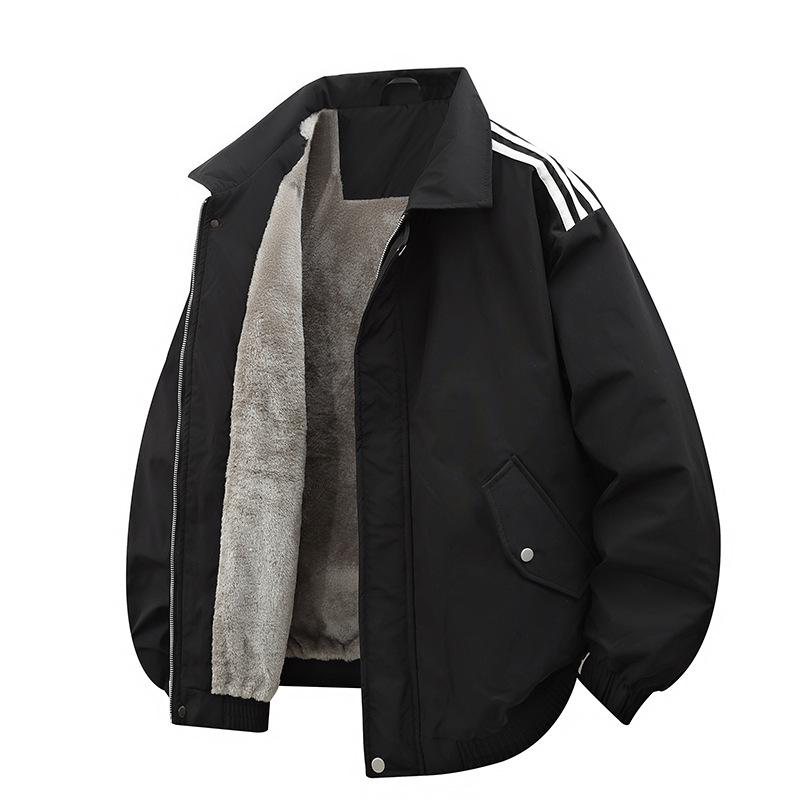 Nowa Męska Unisex Amerykański Styl Kurtka Casual z Klapami i Trzema Paskami z Pluszowym Podszyciem