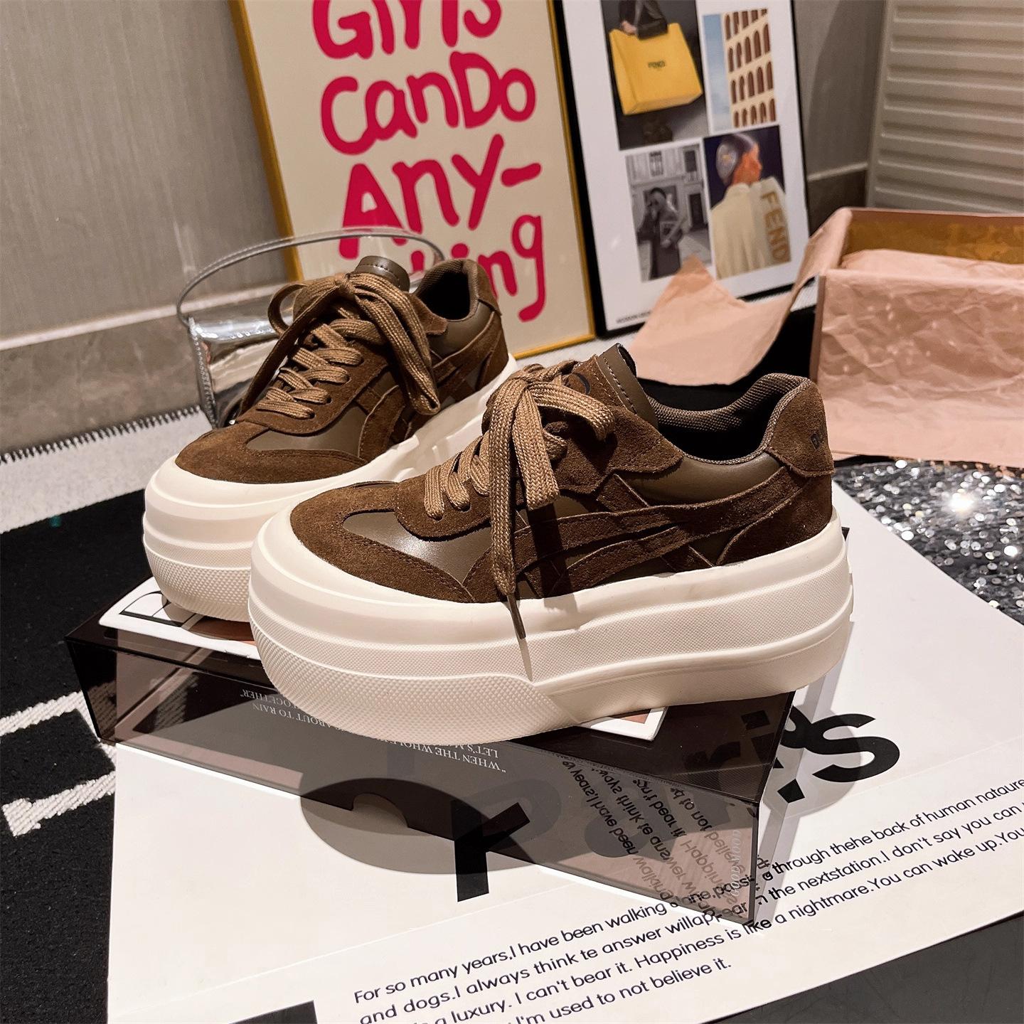 

2025 new flip fur leather thick-soled muffin bread shoes big head small height increase casual shoes board shoes women s shoes 40 темно-коричневого кольору