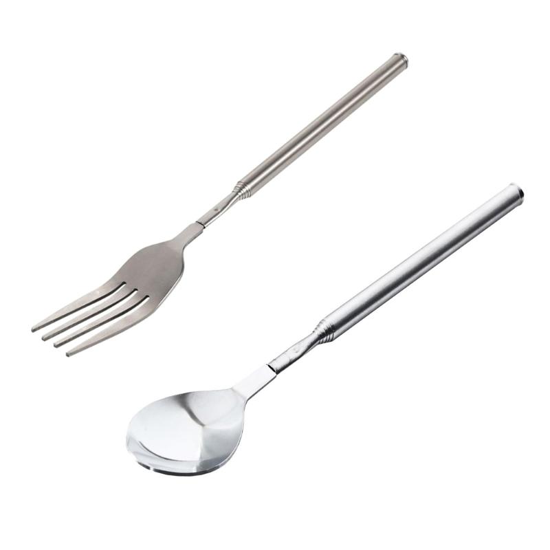 652F 2pcs Stainless Steel Adjustable Forks Spoon Telescopic Long Cutlery Dinning Utensils for BBQ Picnics and Kitchen Use