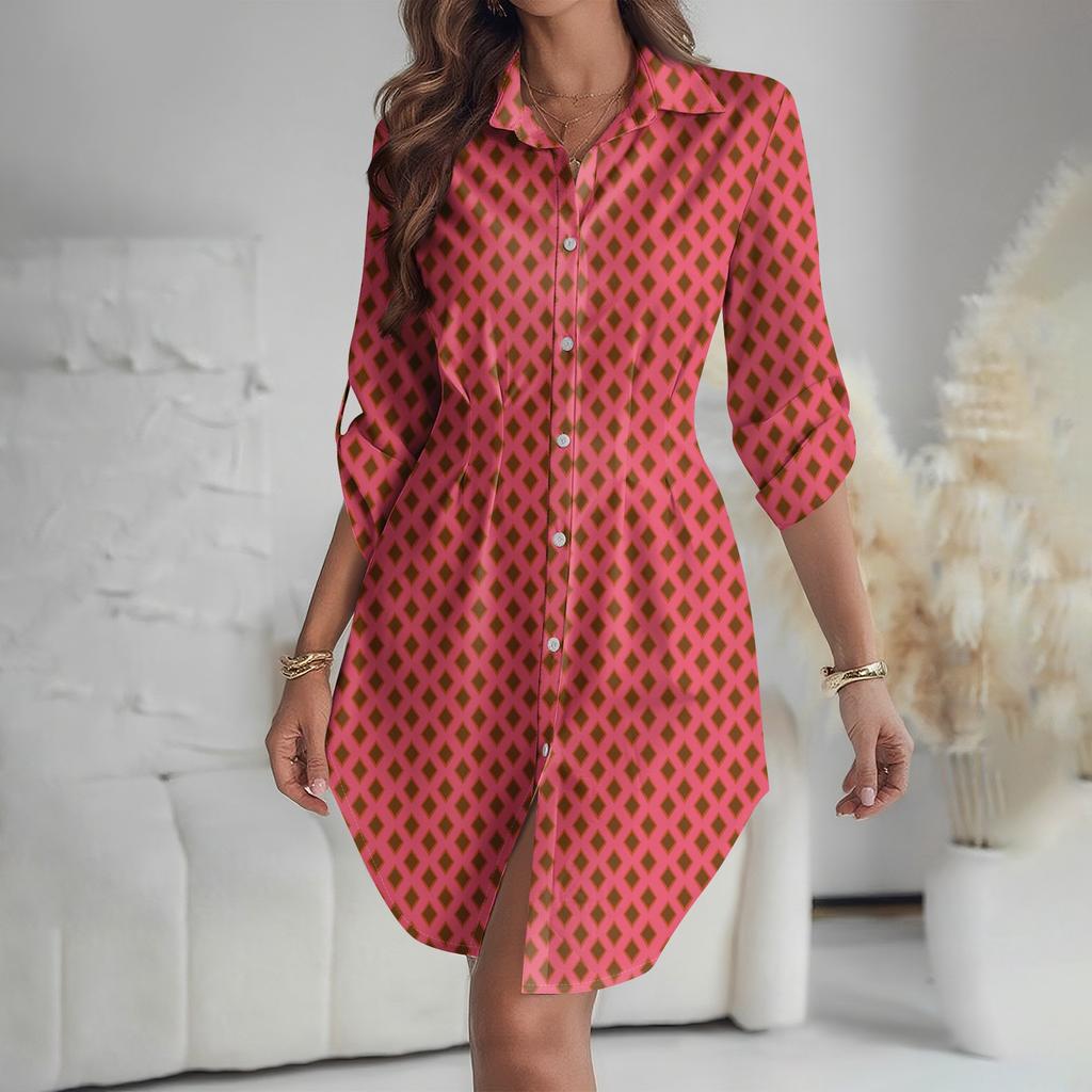 Damen Locker sitzendes V-Ausschnitt Langarmkleid Druck Arbeitshemdkleid