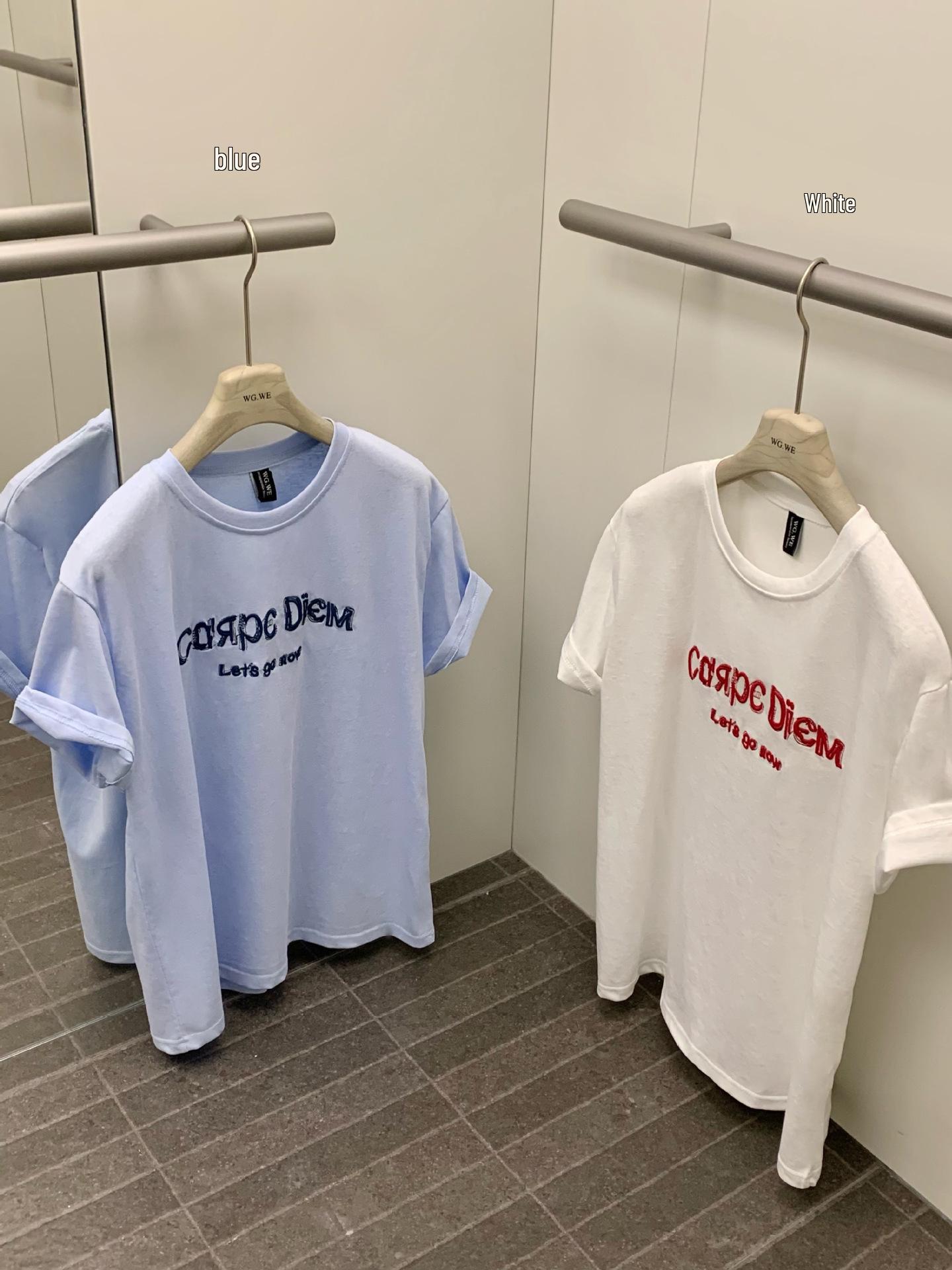 

Women s Spring/Summer 3D Letter Embroidery Short Sleeve T-Shirt with Round Neck. One Size синий