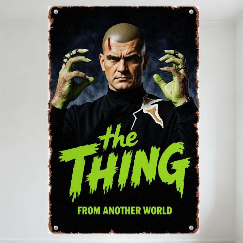 Vintage The Thing From Another World Metal Tin Sign, Shaved Head Man with Red Scar & Green Hands, Horror Neon Green Text Distres 20x30cm（7.8x11.8inch）