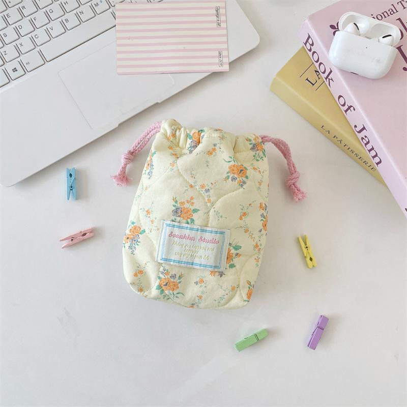 Ins Style Floral Storage Bag Drawstring Drawstring Pocket Soft Cotton Anti Fall Cosmetic Bag Sundry Storage Camera Bag