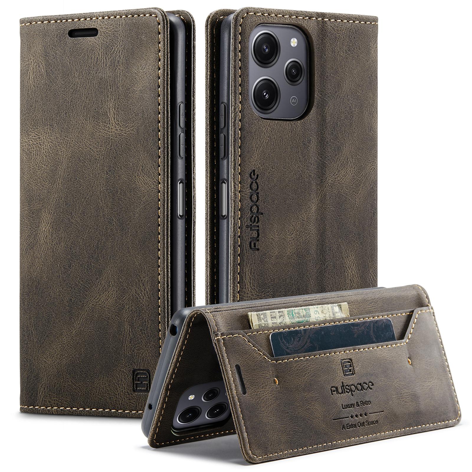 

For Xiaomi Redmi Note 12R 5G/Xiaomi Redmi 12 4G Wallet Case AUTSPACE A01 Leather Stand Cover with RFID Blocking Card Holder Coffee
