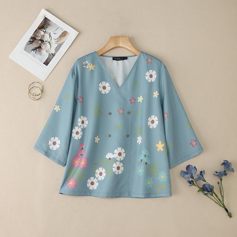 

ZANZEA Женская повседневная блузка с V-образным вырезом, рукавом 3/4 и свободным цветочным принтом 5XL синий