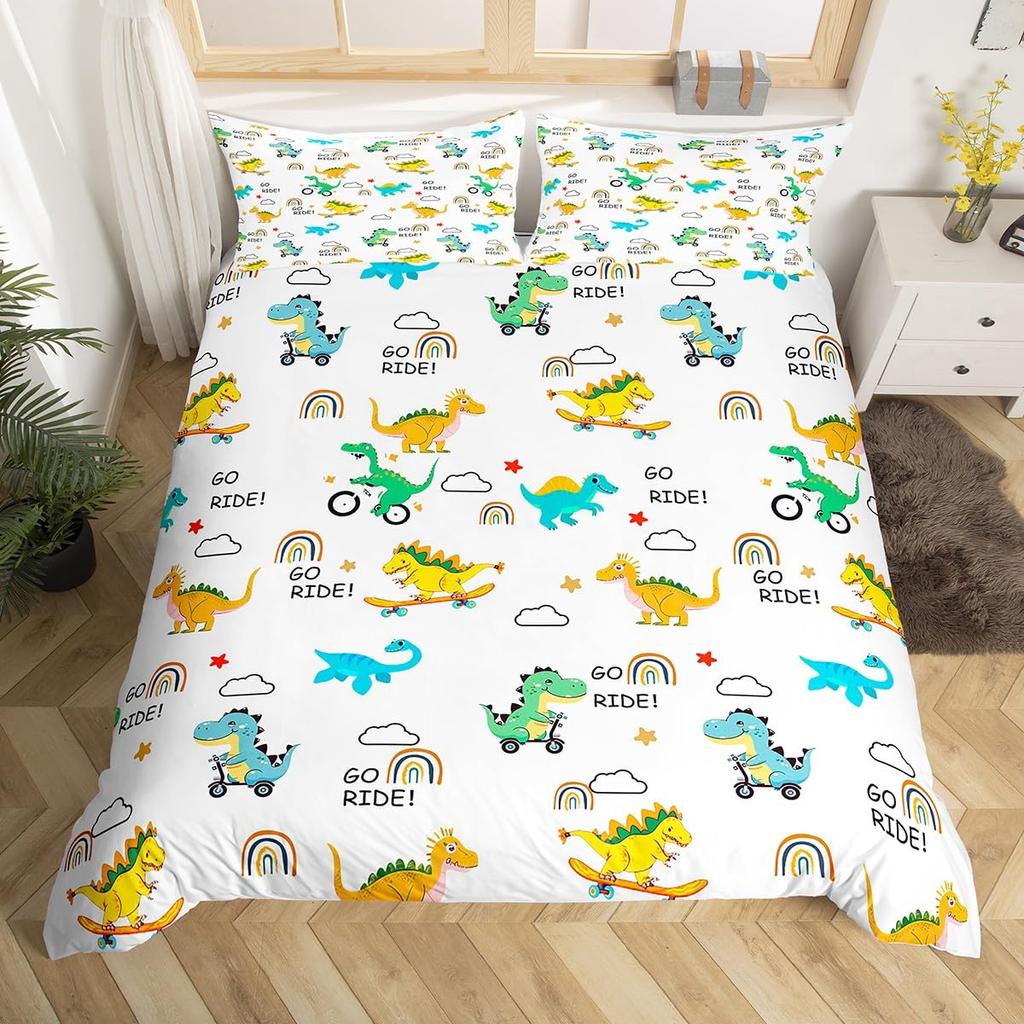 Cute Dinosaur Duvet Cover King Queen Kawaii Cartoon Wild Dino Bedding Set For Kids Boys Girls Jungle Animals Comforter Cover