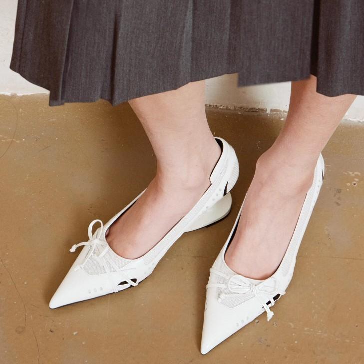 [Spot] Future style bow sports style retro racing shoes suspended special-shaped heel pointed shallow mouth high heels