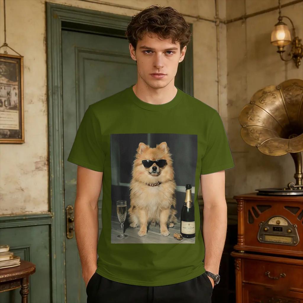 Pomeranian Drinking Champagne Funny Dog Meme Art Vintage Tshirt T Shirt Unisex T Shirts Beach O Neck Leisure Tees Big Size Clothes