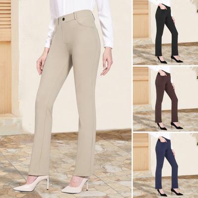 Women Office Pants Elastic High Waist Solid Color Trousers with Pockets Light Flared