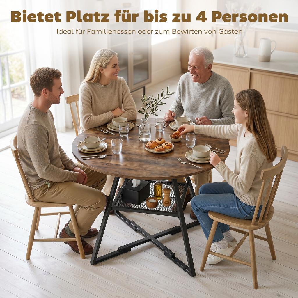 Dining Table for 4 People, 100 Cm Round Industrial Kitchen Table with Storage Shelf, Rustic Brown