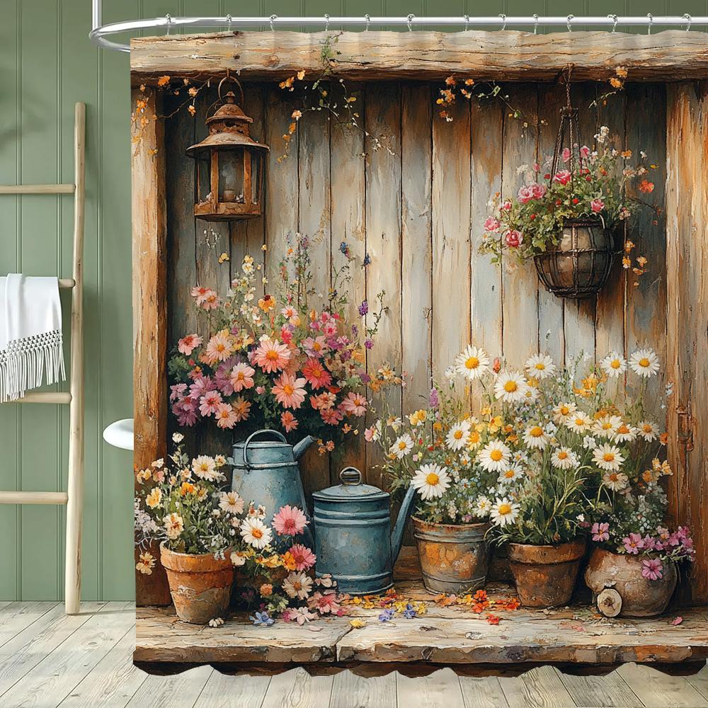 Cortina de Ducha Jardín Sereno - Con Ganchos, Vibrante Natural Rústico Patio y Flores Cortinas de Baño Decoración del Hogar Cortina