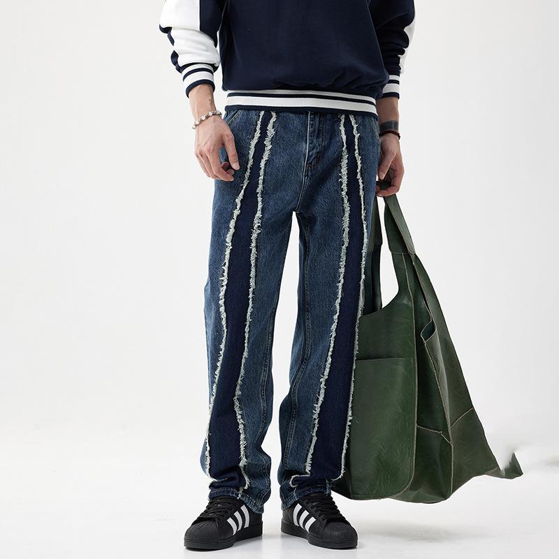 Bajia American heavy-duty rough-edge splicing jeans men's loose straight-washed retro contrasting trousers design sense