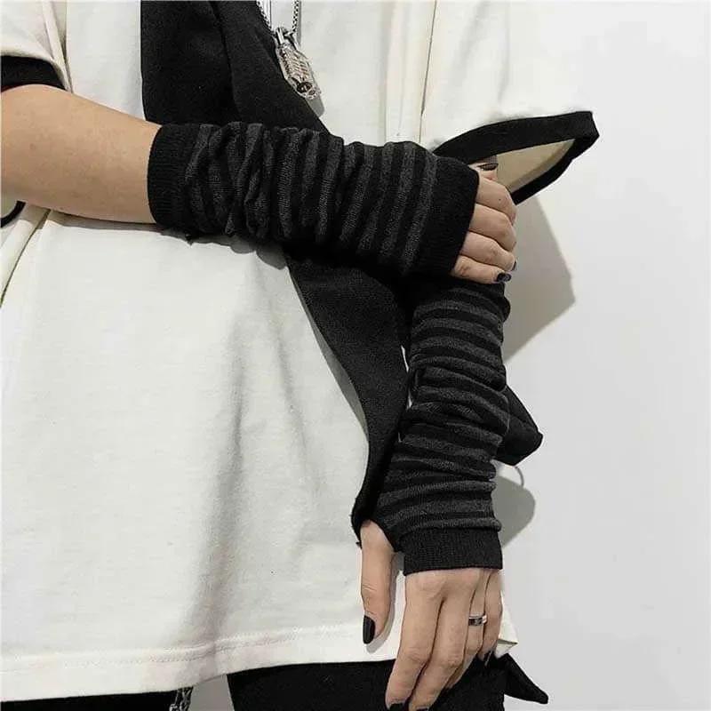 Women Men Gothic Lolita Glove Arm Cover Harajuku Arm Warmers Striped Fingerless Punk Long Wristband Fashion  Girls Gloves
