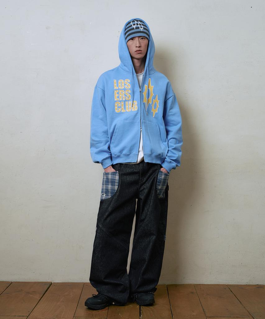 Lujeoseukeulleob Check Patch Wide Cotton Pants Indigo