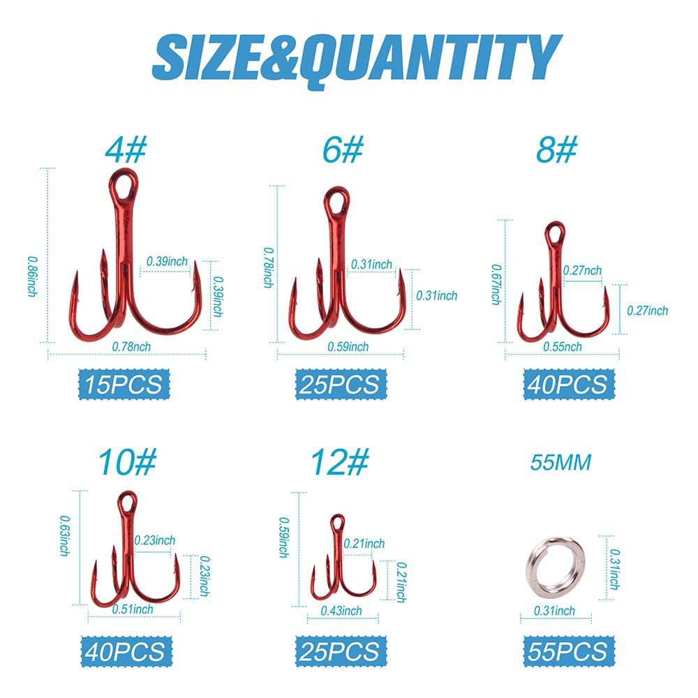 200Pcs Fishing Treble Hooks Kit High Carbon Steel Red Treble Fishing Hooks with Split Rings for Catfish Saltwater Freshwater