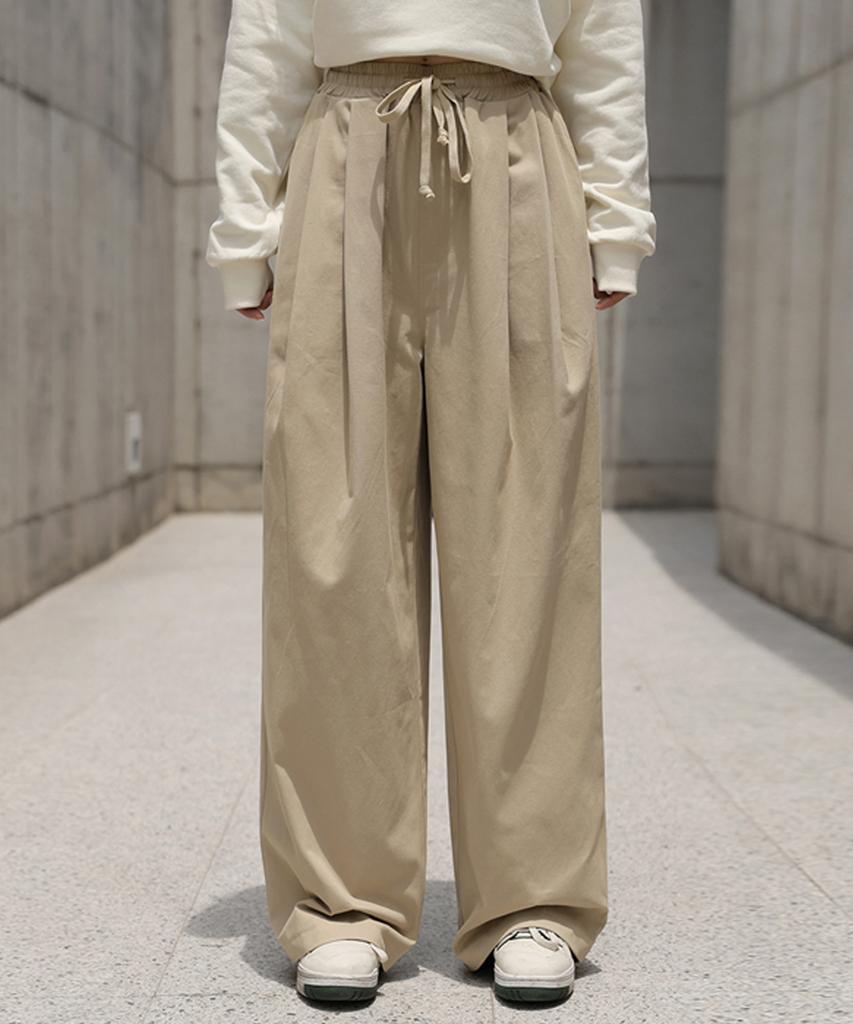 Ppaeppae String Banding Two-Pintuck Wide Cotton Pants