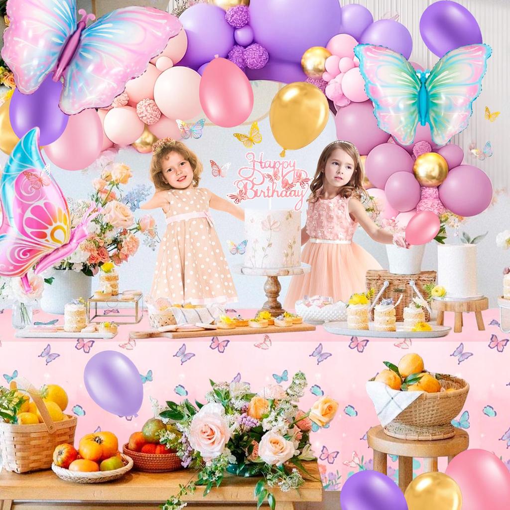 118 ks Motýlí narozeninové dekorace, Motýlí narozeninové party potřeby - Motýlí party balónky Dortové zápichy Ubrusy Nástěnné dekorace atd.