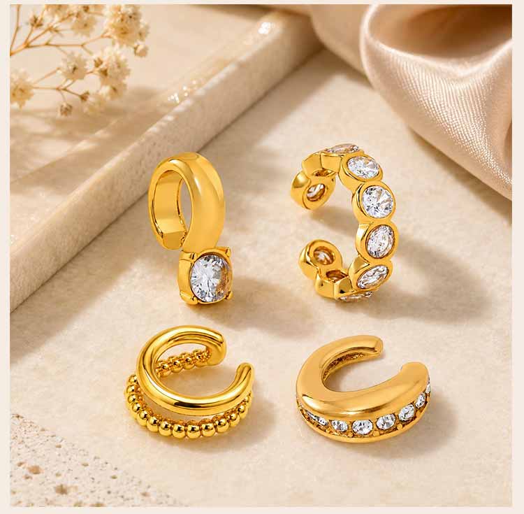 Ear Cuff Cartilage Stacking C-Shaped CZ Thick Earring, 18K Gold Plated Stainless Steel Clip On, 1Pc Single Fake Piercing Jewelry