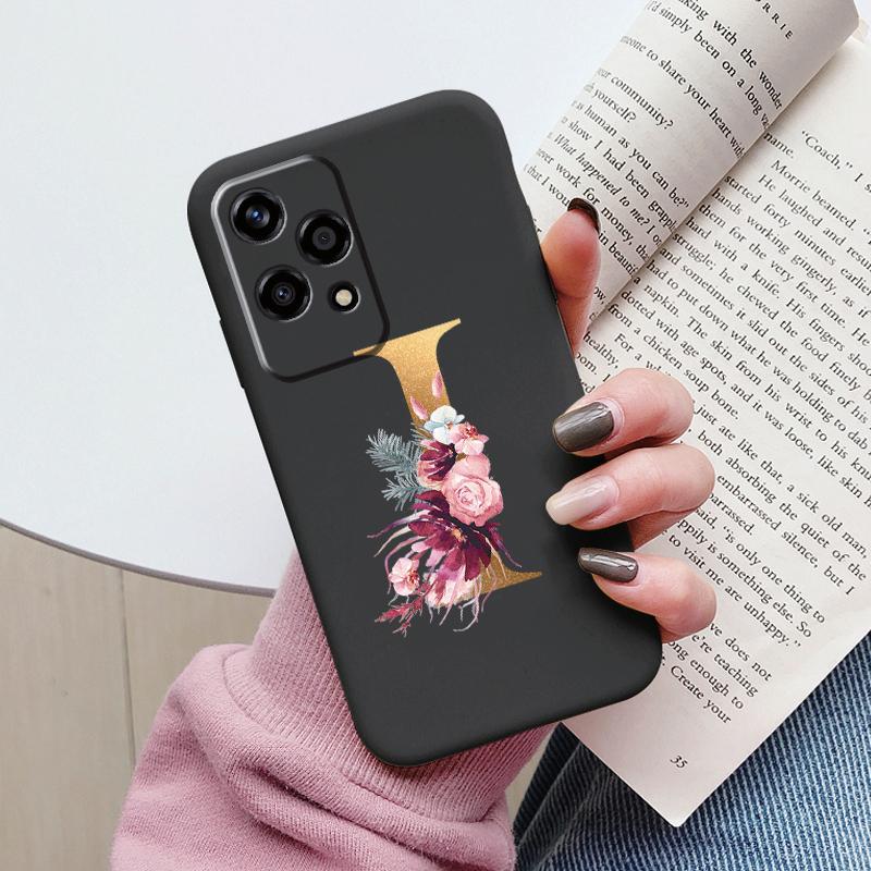 Gold Letter Case For Honor 200 Pro Lite Smart Black Shell Soft Cover For Honor 200Lite Protector Shockproof Funda Pink Flower