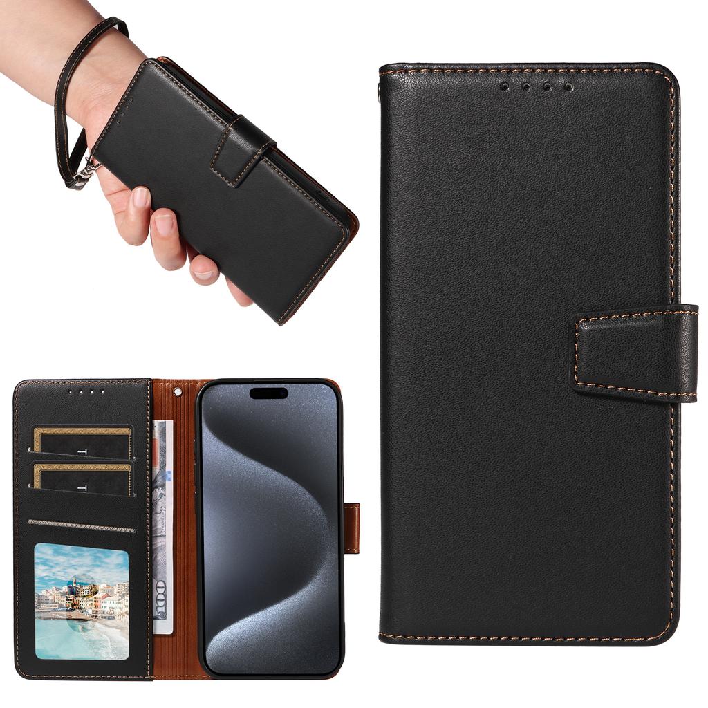 For iPhone 15 Pro Case RFID Blocking PU Leather Wallet Flip Phone Cover with Wrist Strap