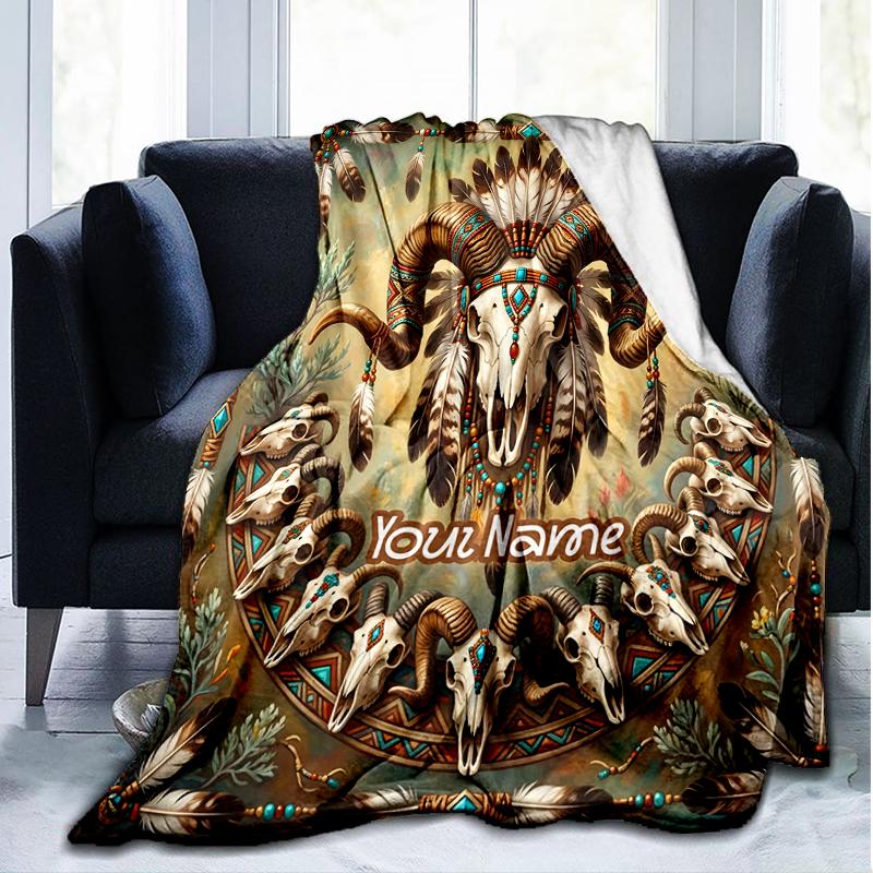 1PC Custom Name Native American Spirit Flannel Blanket Versatile,all-season Throw Suitable for the Living Room,bedroom,camping,travel,and Gift