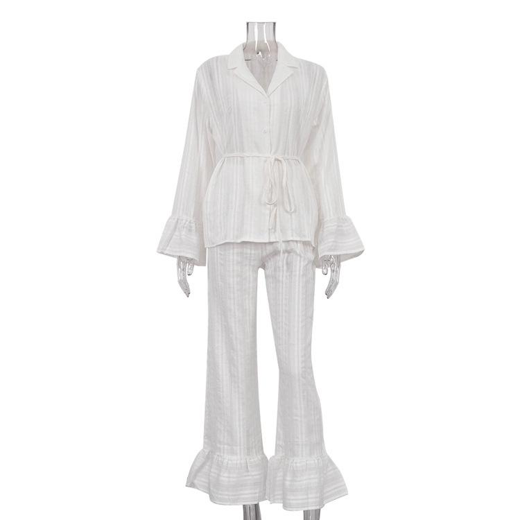 

2025 Summer Women s Solid Color Shirt & Ruffle Long Pants Set with Tie Waist Medium білий