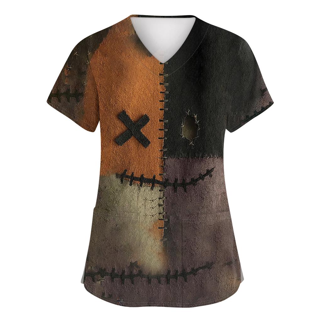 Women's Fashion Short Sleeve Halloween Print V-Neck Pocket Workwear Tops