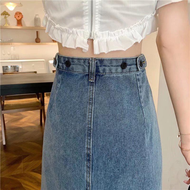 Autumn 2024 Women's High Waist A-Line Denim Midi Skirt