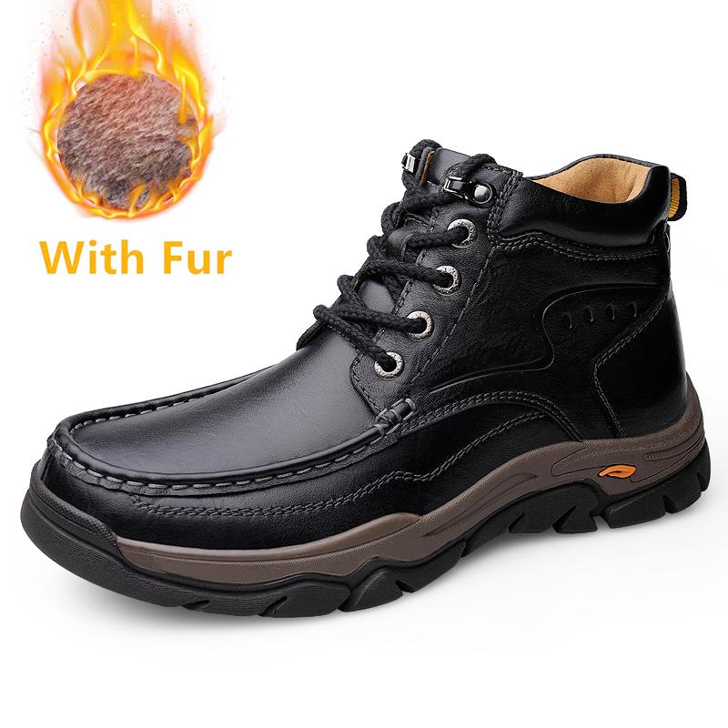 Fashion Luxury Brand Mens Casual Motorcycle Boots Genuine Leather Solid Color Outdoor Boots Warm Plush Fur Winter High Top Shoes Botas