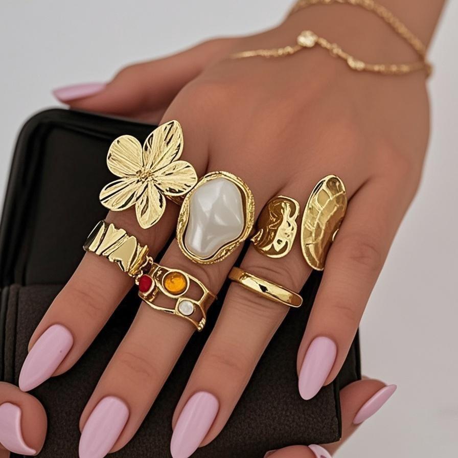 Set of 6 Alloy Rings for Women Adjustable Size Various Designs Including Floral Pearl and Textured Styles Fashion Jewelry Accessories