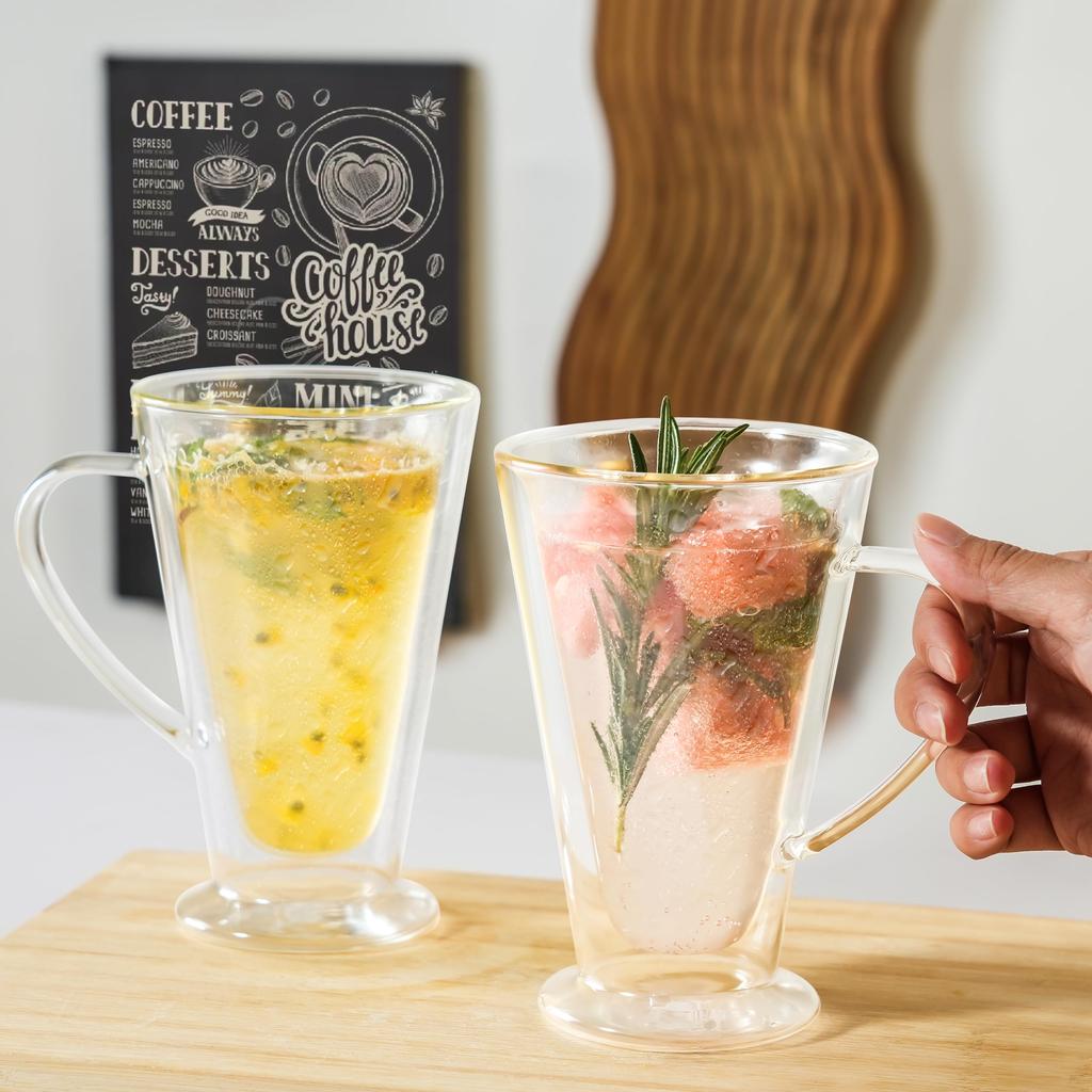 Double Wall Glass Coffee Mugs 13oz/400ml, Clear Glass with Handle,lnsulated, Cappuccino,Tea, LatteCups