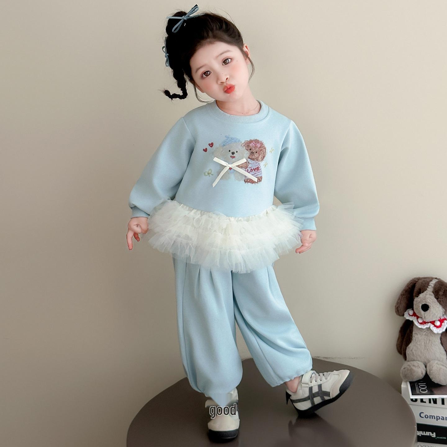 

2025 Girls Fashionable Autumn Tulle Sweatshirt & Puppy Print Pants Set - Two-Piece Outfit 120cm светло-синий