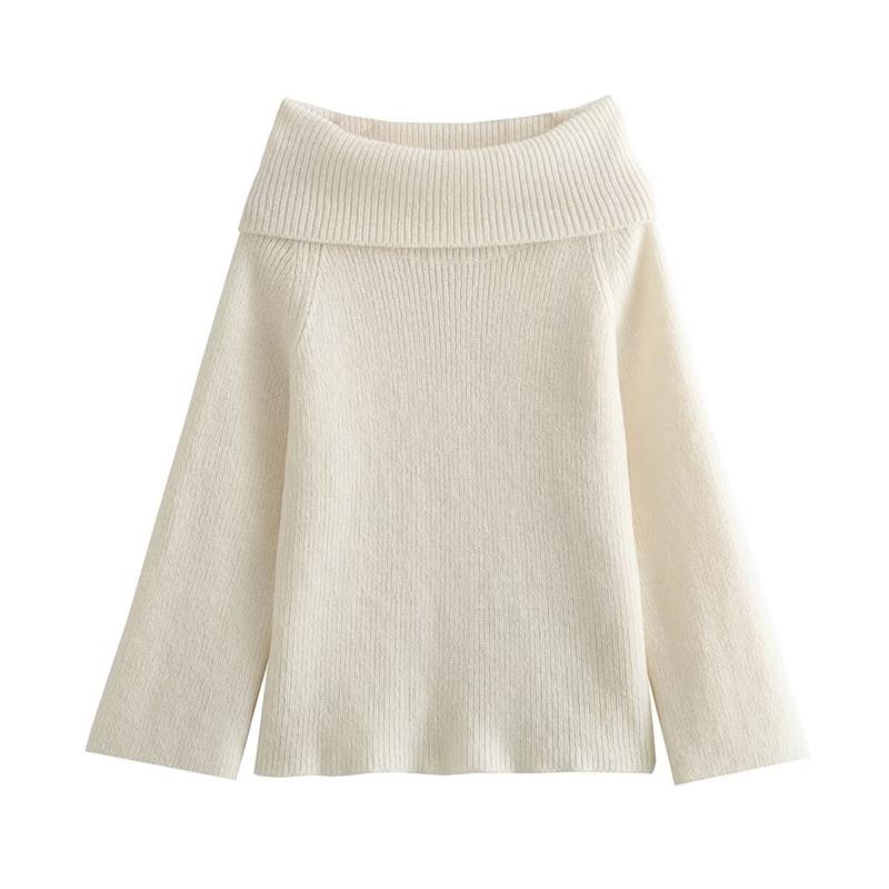 Women Fashion Solid Loose Knitted Pullover Sweater Vintage Slash Neck Long Sleeves Female Chic Lady Tops