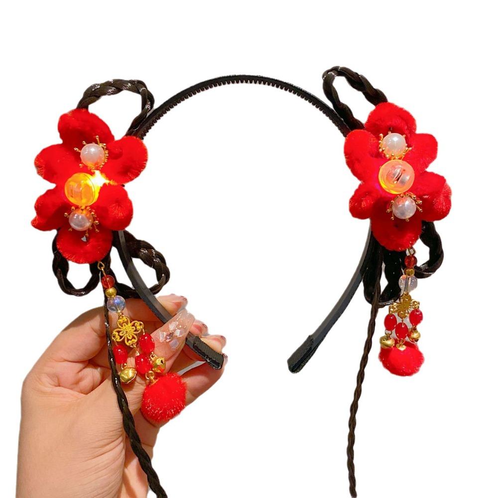 LED Glowing Hanfu Wig Headband Red Chinese Style Hair Hoop Retro Flower Tassel Hairband Tang Suit