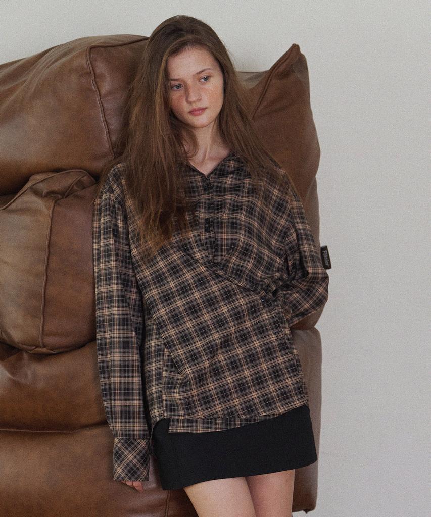Hauseuobeupondeu Plaid Check Cross Button Shirt_Pink Black