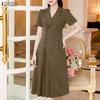 Women Casual Turn Down Collar Solid Color Short Sleeve Dress