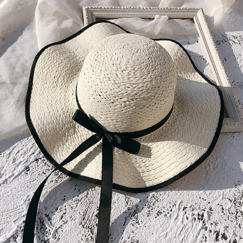 Black hemmed straw hat women's beach hat large brim summer sun hat travel sun hat