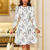 Women Long Sleeve Round Neck Midi Dress Vintage Small Daisy Floral Print Flared Casual Dress