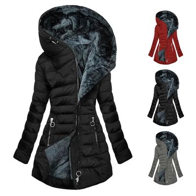 Warme Baumwolljacke für Damen mit Kapuze und Taschen, lange Reißverschlussjacke, Baumwolljacke