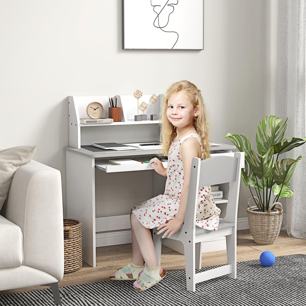 Children's Desk with Ergonomic Chair, Keyboard Tray, Drawer, Shelves, 90 x 45 x 90 cm, Grey